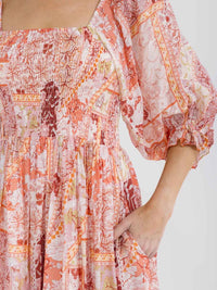 WOMEN'S SHORT PUFF SLEEVE SQUARE NECK FRONT POCKETS SMOCK MULTI PRINT MAXI DRESS