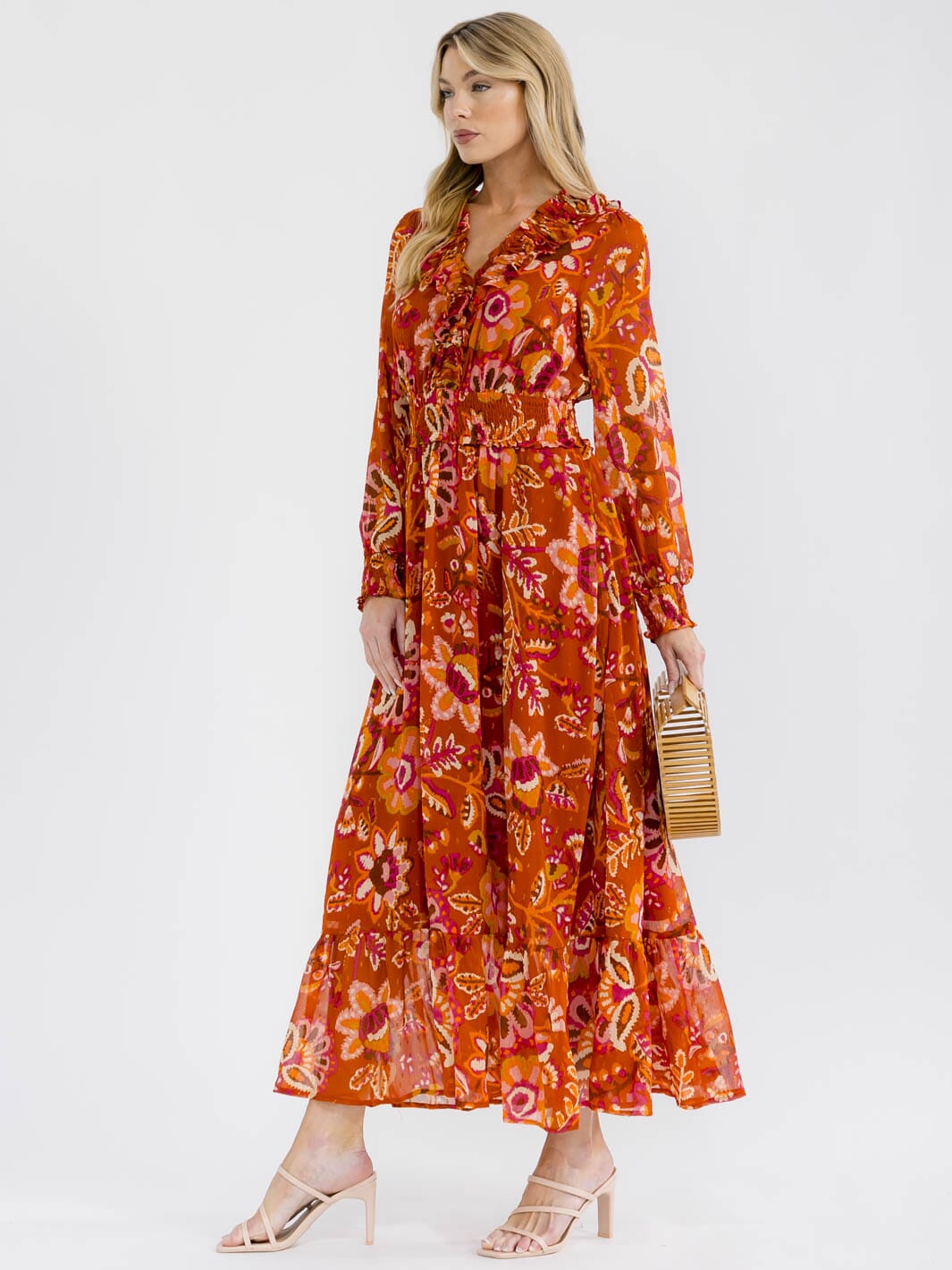 WOMEN'S LONG SLEEVE V-NECK SMOCK WAIST FLORAL PRINT MAXI DRESS