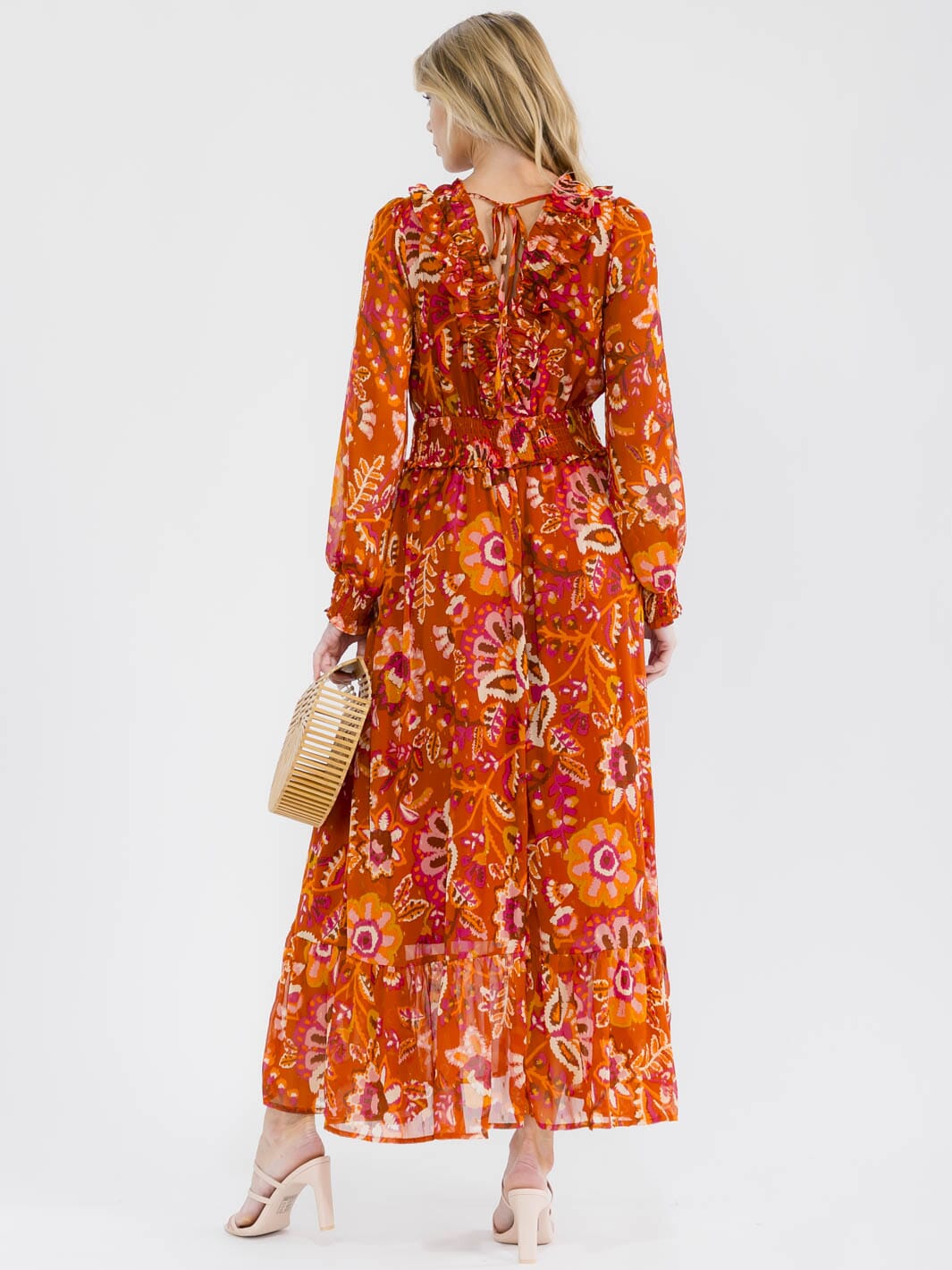 WOMEN'S LONG SLEEVE V-NECK SMOCK WAIST FLORAL PRINT MAXI DRESS