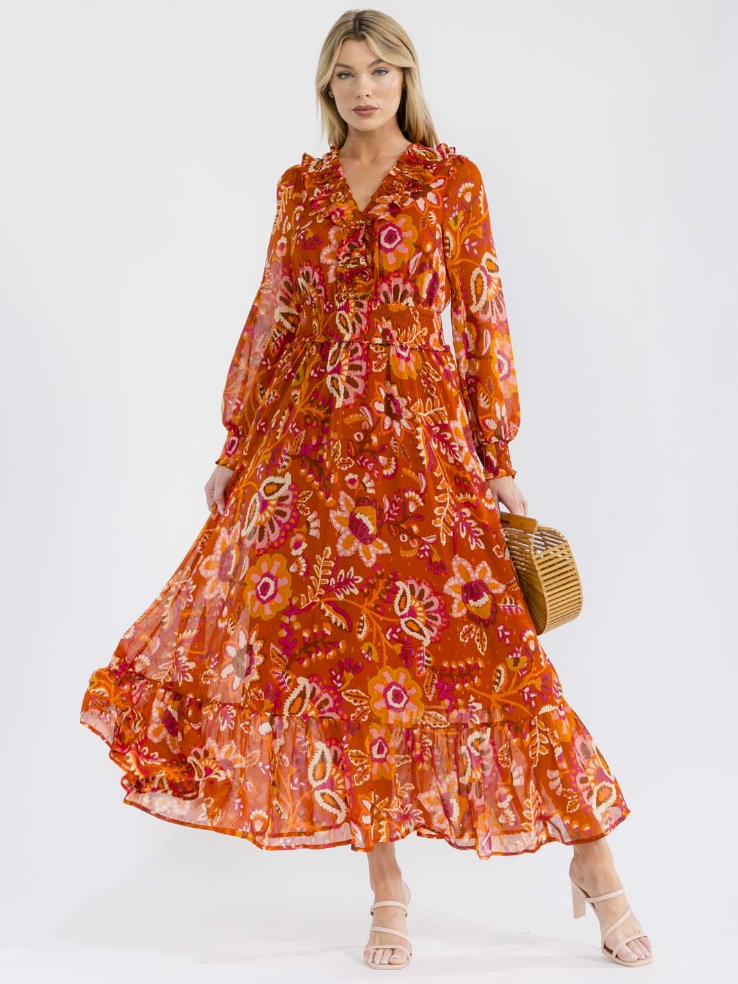 WOMEN'S LONG SLEEVE V-NECK SMOCK WAIST FLORAL PRINT MAXI DRESS