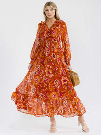WOMEN'S LONG SLEEVE V-NECK SMOCK WAIST FLORAL PRINT MAXI DRESS