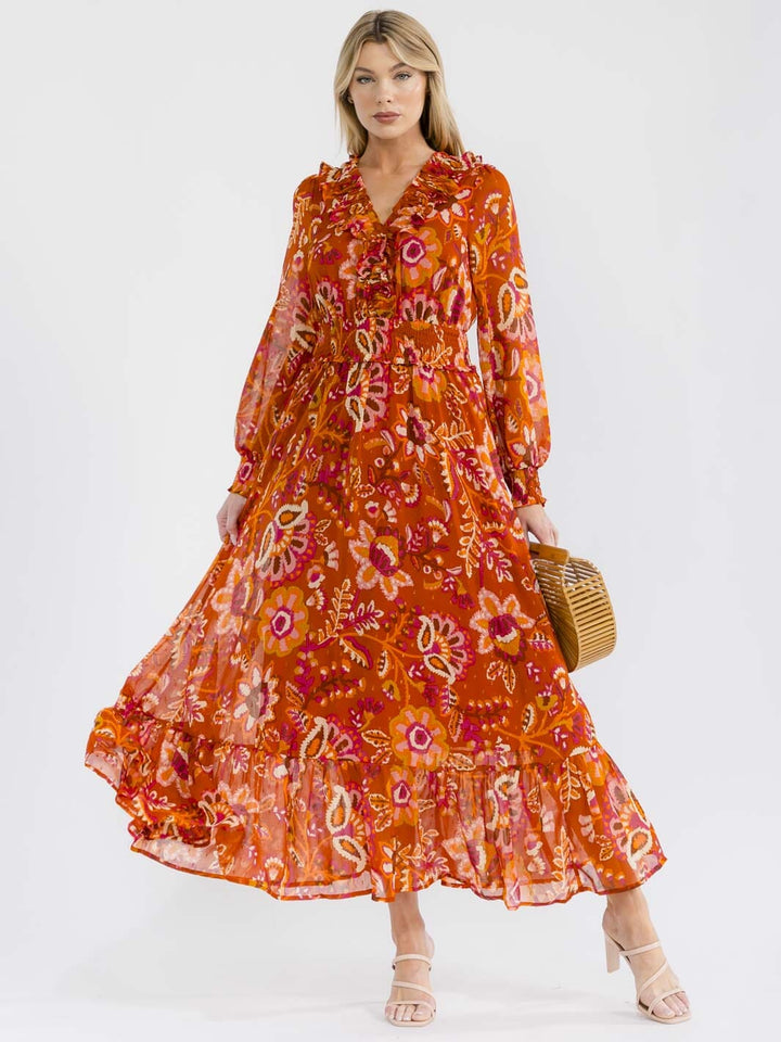 WOMEN'S LONG SLEEVE V-NECK SMOCK WAIST FLORAL PRINT MAXI DRESS