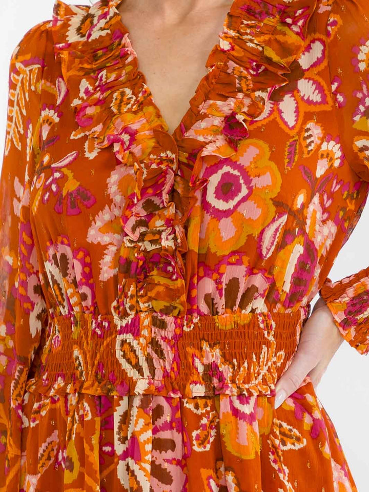 WOMEN'S LONG SLEEVE V-NECK SMOCK WAIST FLORAL PRINT MAXI DRESS