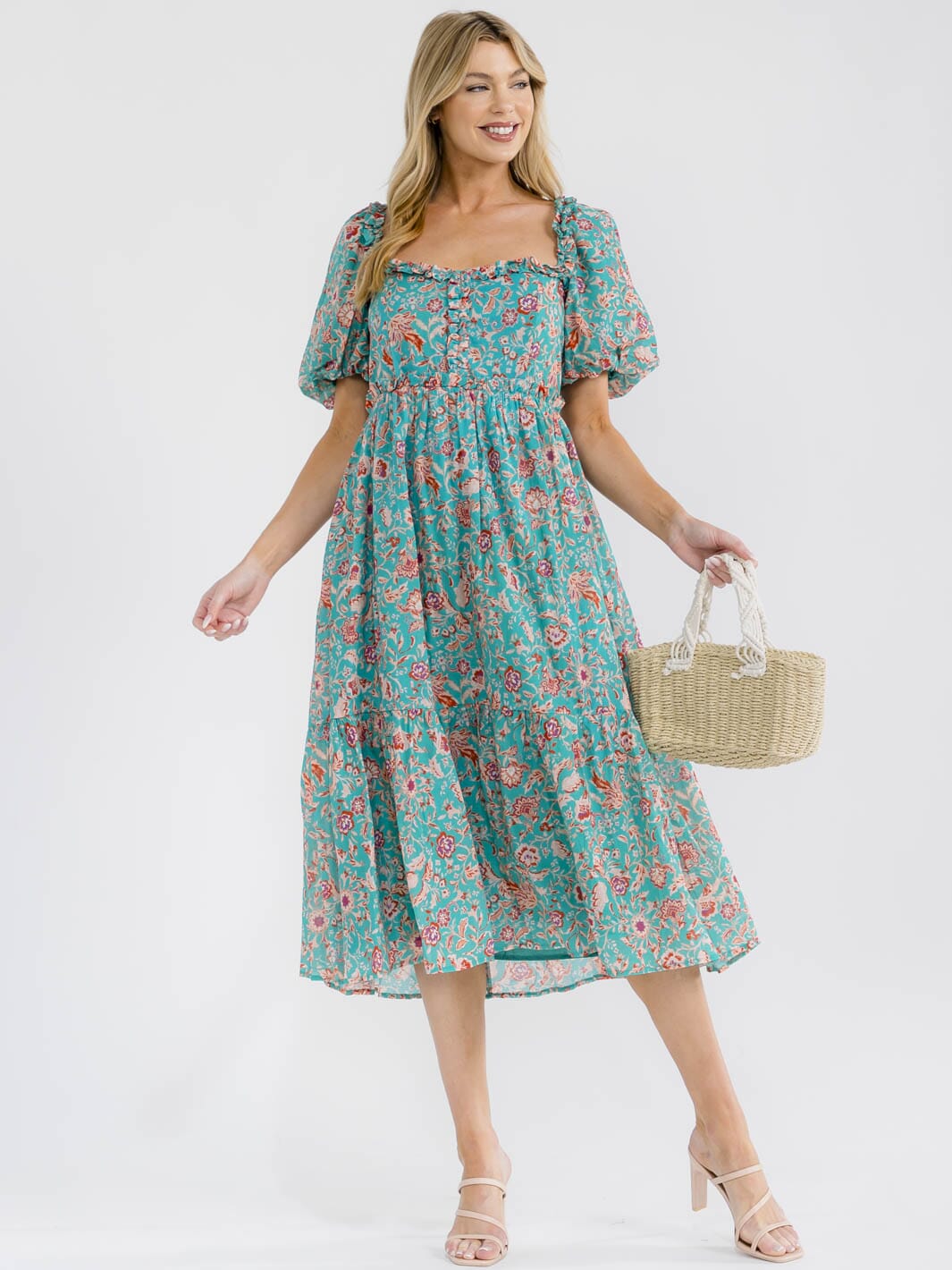 WOMEN'S SHORT PUFF SLEEVE SMOCK FRONT POCKETS FLORAL PRINT MIDI DRESS