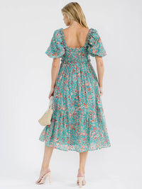WOMEN'S SHORT PUFF SLEEVE SMOCK FRONT POCKETS FLORAL PRINT MIDI DRESS