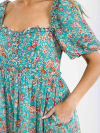 WOMEN'S SHORT PUFF SLEEVE SMOCK FRONT POCKETS FLORAL PRINT MIDI DRESS
