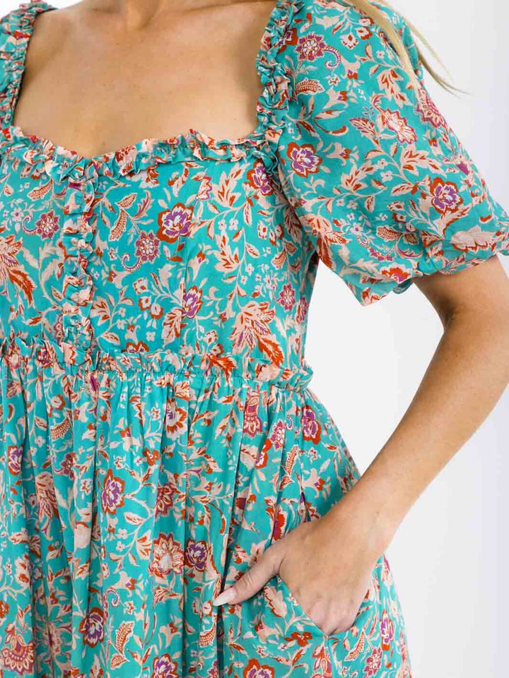 WOMEN'S SHORT PUFF SLEEVE SMOCK FRONT POCKETS FLORAL PRINT MIDI DRESS