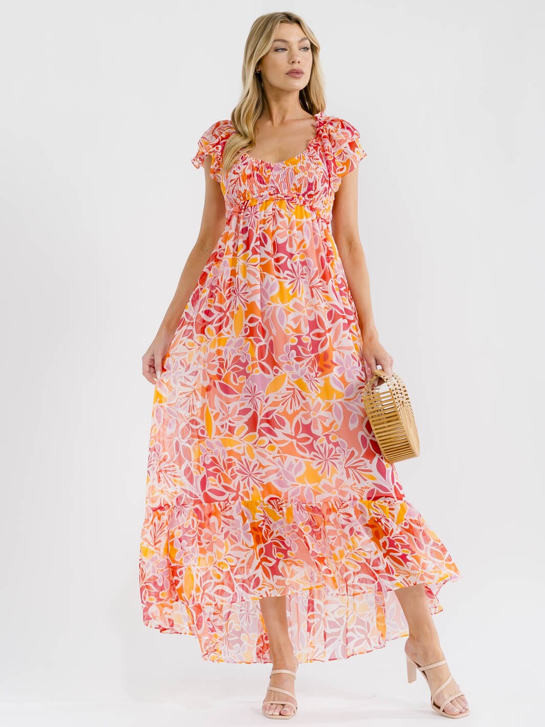 WOMEN'S SHORT SLEEVE ELASTIC WAIST FLORAL PRINT MAXI DRESS