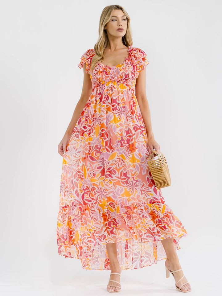 WOMEN'S SHORT SLEEVE ELASTIC WAIST FLORAL PRINT MAXI DRESS