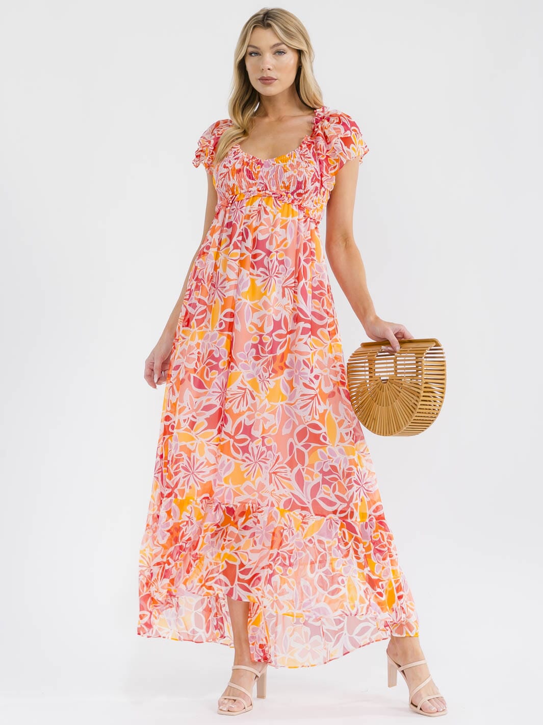 WOMEN'S SHORT SLEEVE ELASTIC WAIST FLORAL PRINT MAXI DRESS