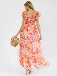 WOMEN'S SHORT SLEEVE ELASTIC WAIST FLORAL PRINT MAXI DRESS