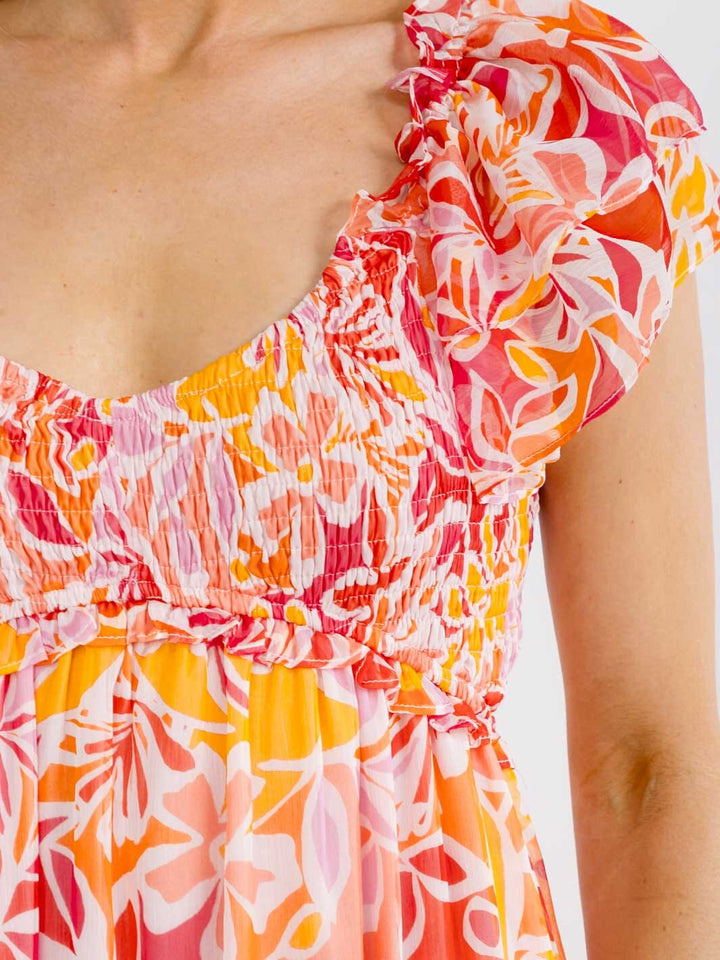 WOMEN'S SHORT SLEEVE ELASTIC WAIST FLORAL PRINT MAXI DRESS