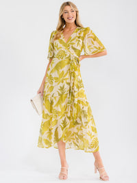 WOMEN'S SHORT SLEEVE V-NECK LEAF PRINT WRAP MAXI DRESS