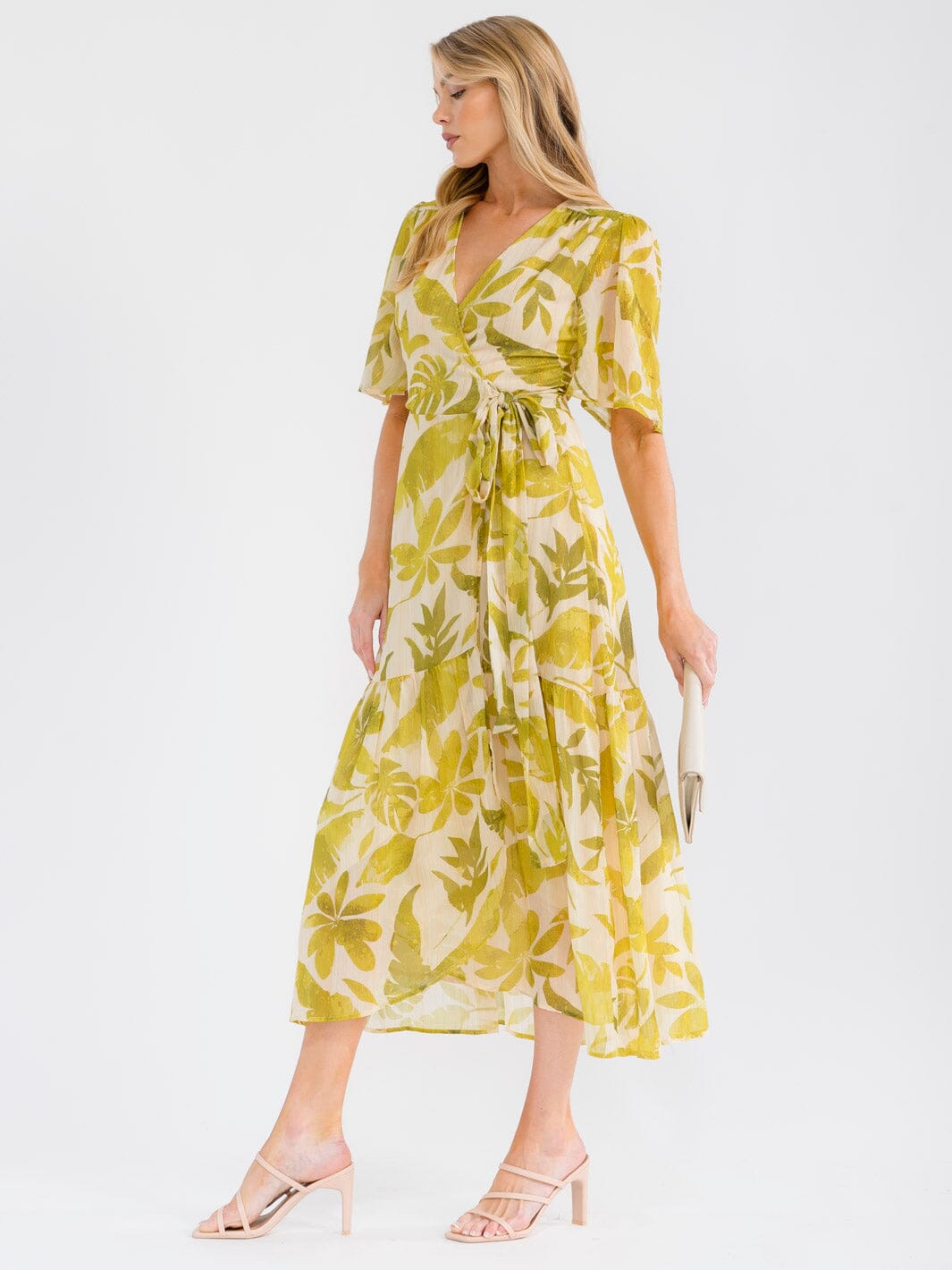 WOMEN'S SHORT SLEEVE V-NECK LEAF PRINT WRAP MAXI DRESS