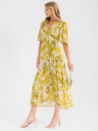 WOMEN'S SHORT SLEEVE V-NECK LEAF PRINT WRAP MAXI DRESS