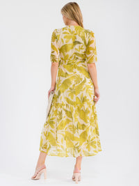 WOMEN'S SHORT SLEEVE V-NECK LEAF PRINT WRAP MAXI DRESS