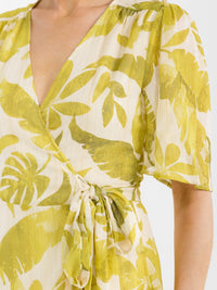 WOMEN'S SHORT SLEEVE V-NECK LEAF PRINT WRAP MAXI DRESS