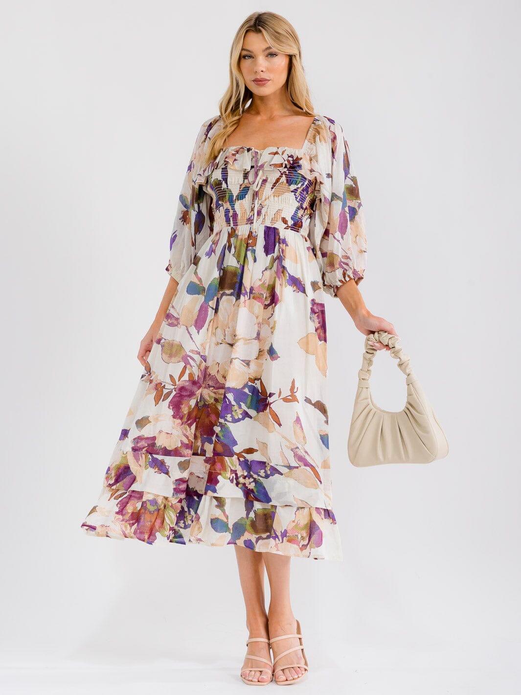 WOMEN'S SHORT PUFF SLEEVE SQUARE NECK SMOCK FLORAL PRINT MAXI DRESS