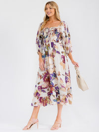 WOMEN'S SHORT PUFF SLEEVE SQUARE NECK SMOCK FLORAL PRINT MAXI DRESS