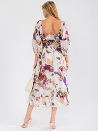 WOMEN'S SHORT PUFF SLEEVE SQUARE NECK SMOCK FLORAL PRINT MAXI DRESS