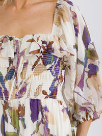 WOMEN'S SHORT PUFF SLEEVE SQUARE NECK SMOCK FLORAL PRINT MAXI DRESS