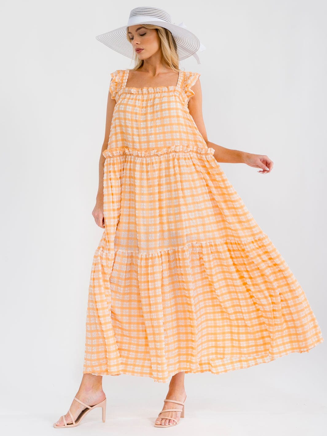 WOMEN'S SLEEVELESS SQUARE NECK POCKETS PLAID TIERED MAXI DRESS