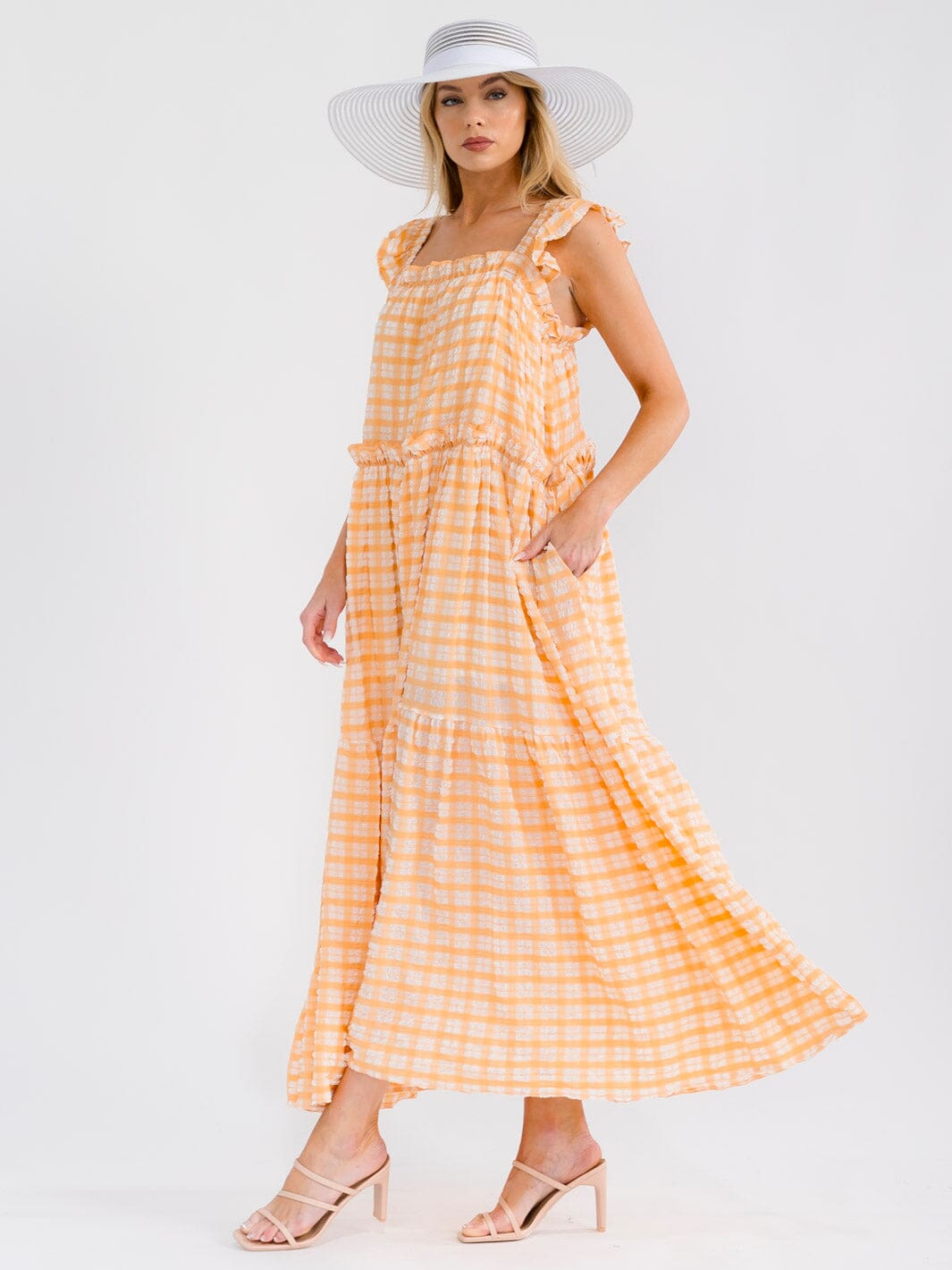WOMEN'S SLEEVELESS SQUARE NECK POCKETS PLAID TIERED MAXI DRESS