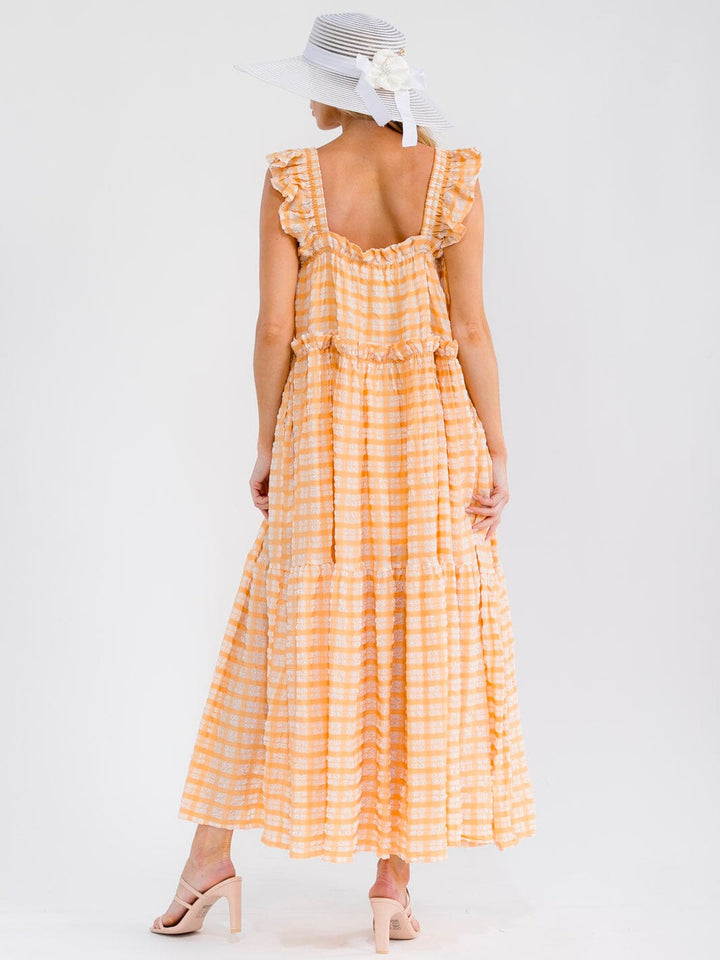 WOMEN'S SLEEVELESS SQUARE NECK POCKETS PLAID TIERED MAXI DRESS