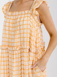 WOMEN'S SLEEVELESS SQUARE NECK POCKETS PLAID TIERED MAXI DRESS