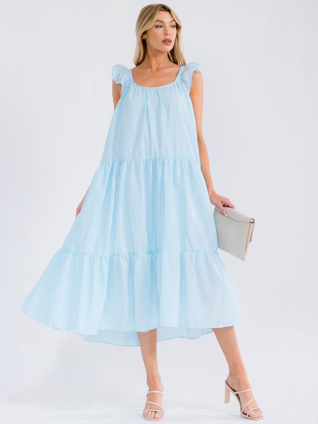 WOMEN'S SLEEVELESS RUFFLE PLAID TIERED MAXI DRESS