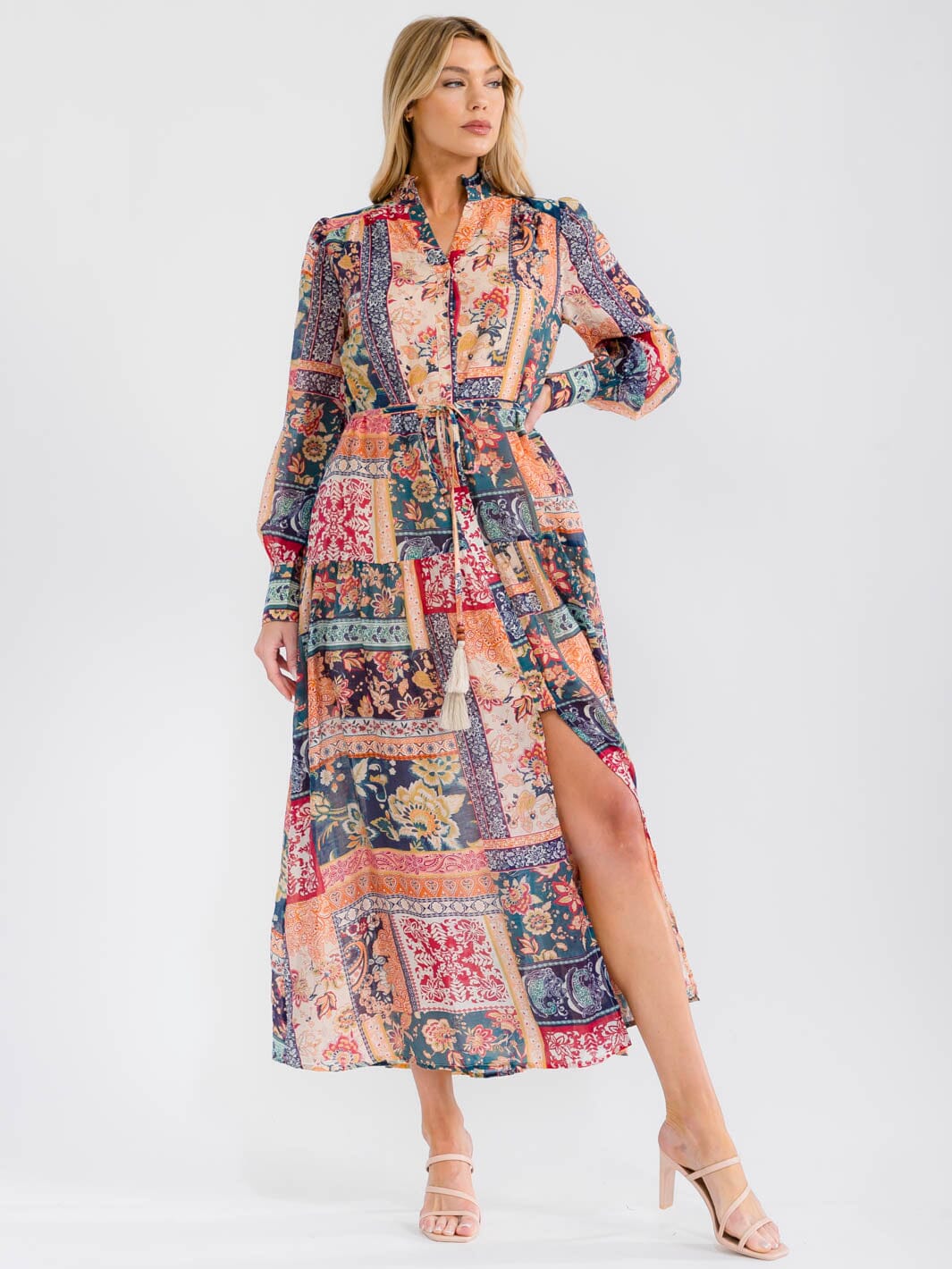 WOMEN'S LONG SLEEVE V-NECK BUTTON UP FRONT POCKETS MULTI PRINT MAXI DRESS