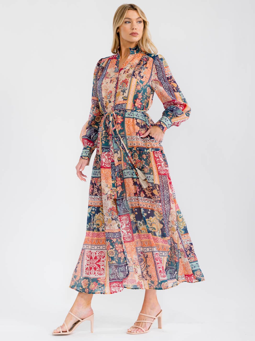 WOMEN'S LONG SLEEVE V-NECK BUTTON UP FRONT POCKETS MULTI PRINT MAXI DRESS
