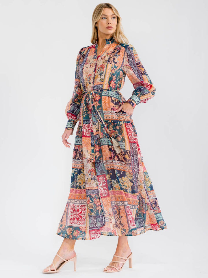 WOMEN'S LONG SLEEVE V-NECK BUTTON UP FRONT POCKETS MULTI PRINT MAXI DRESS