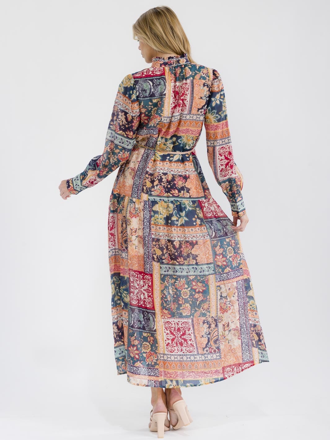 WOMEN'S LONG SLEEVE V-NECK BUTTON UP FRONT POCKETS MULTI PRINT MAXI DRESS