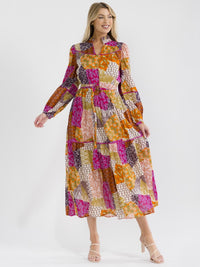 WOMEN'S LONG SLEEVE V-NECK FRONT POCKETS MULTI PRINT MAXI DRESS
