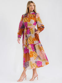 WOMEN'S LONG SLEEVE V-NECK FRONT POCKETS MULTI PRINT MAXI DRESS