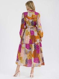 WOMEN'S LONG SLEEVE V-NECK FRONT POCKETS MULTI PRINT MAXI DRESS