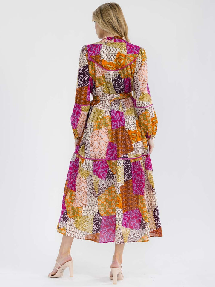 WOMEN'S LONG SLEEVE V-NECK FRONT POCKETS MULTI PRINT MAXI DRESS