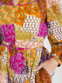 WOMEN'S LONG SLEEVE V-NECK FRONT POCKETS MULTI PRINT MAXI DRESS
