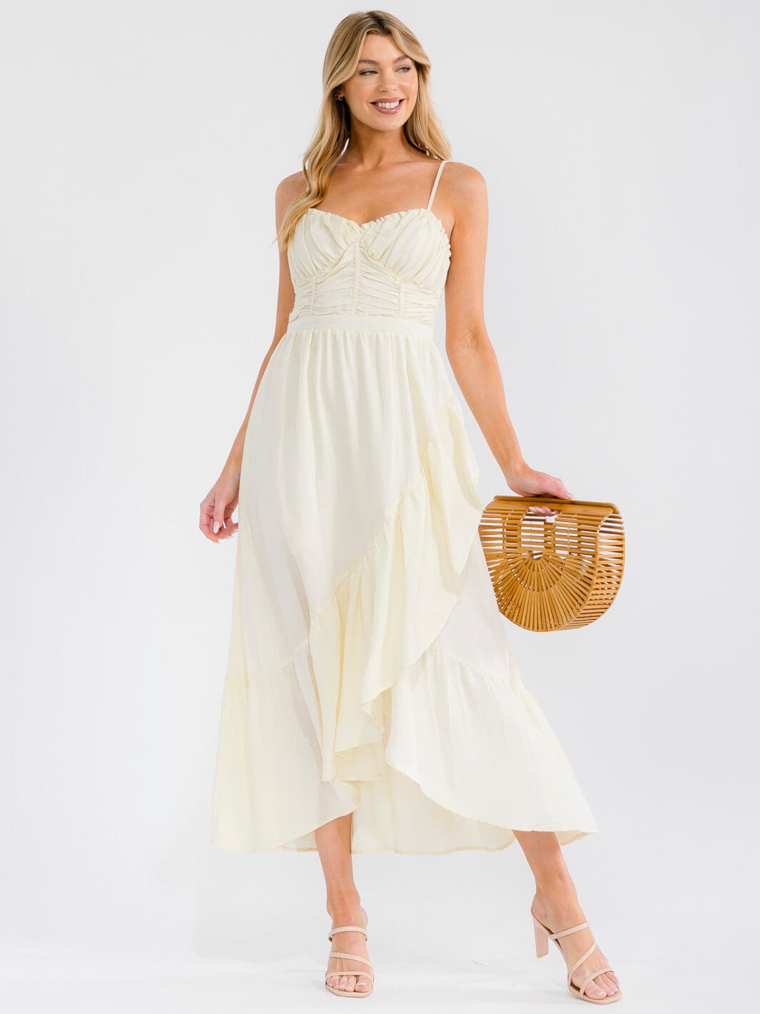 WOMEN'S SLEEVELESS SMOCK RUFFLE HIGH-LOW MAXI DRESS