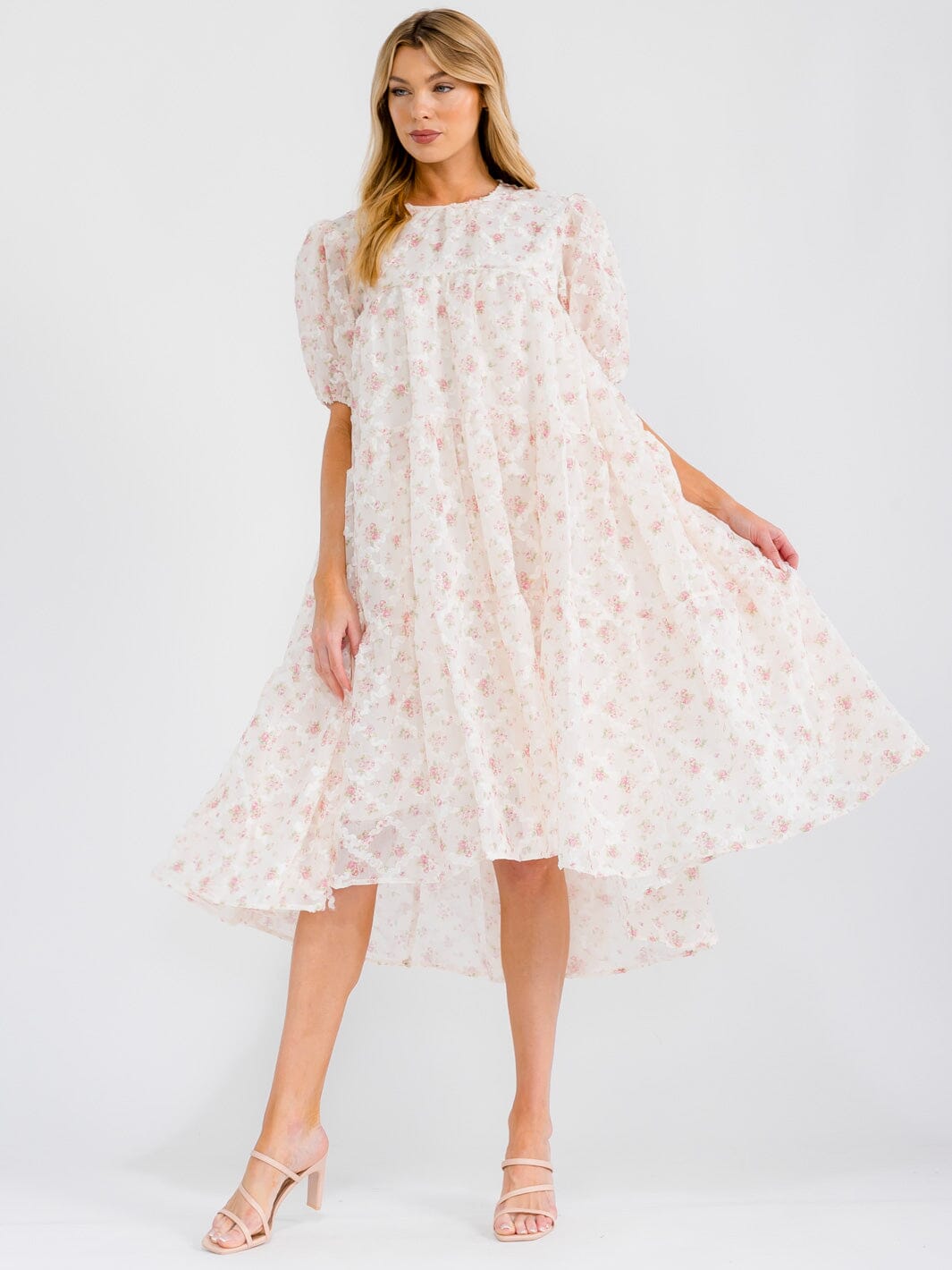 WOMEN'S SHORT SLEEVE HIGH-LOW TIERED TUNIC FLORAL MIDI DRESS