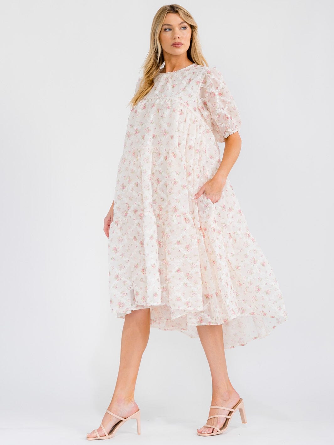 WOMEN'S SHORT SLEEVE HIGH-LOW TIERED TUNIC FLORAL MIDI DRESS