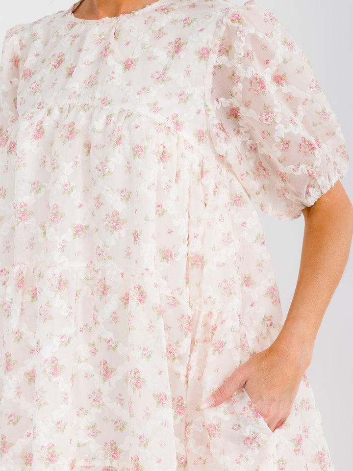 WOMEN'S SHORT SLEEVE HIGH-LOW TIERED TUNIC FLORAL MIDI DRESS