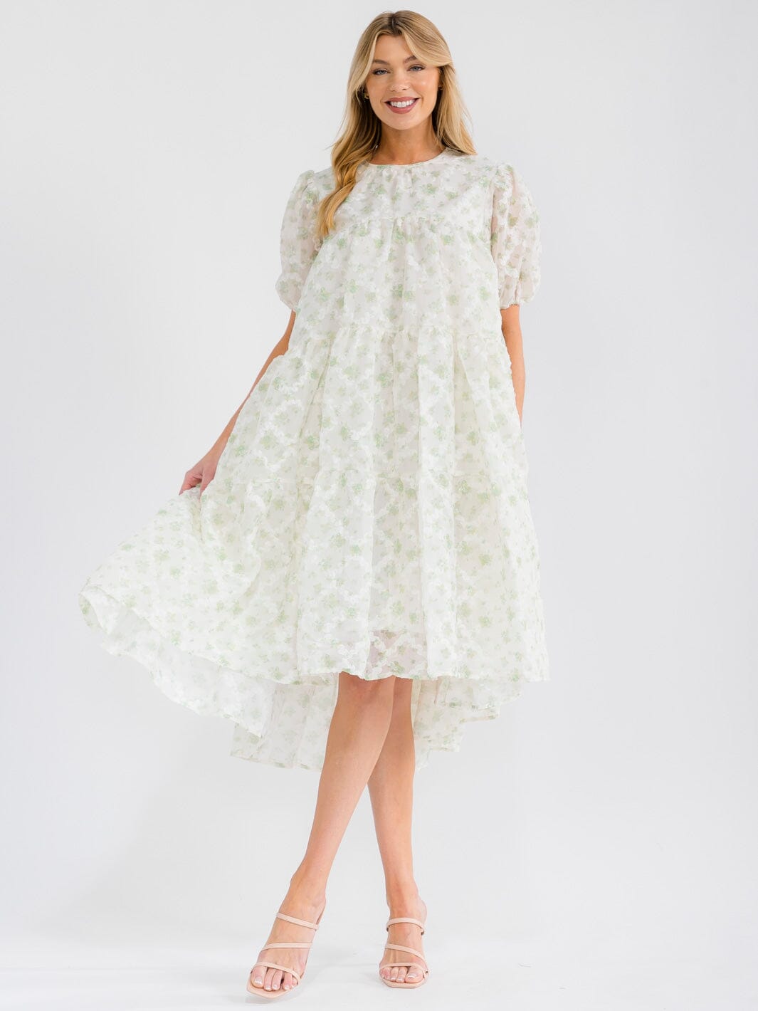 WOMEN'S SHORT SLEEVE HIGH-LOW TIERED TUNIC FLORAL MIDI DRESS