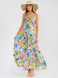WOMEN'S SLEEVELESS OPEN BACK SMOCK TIERED FLORAL MAXI DRESS