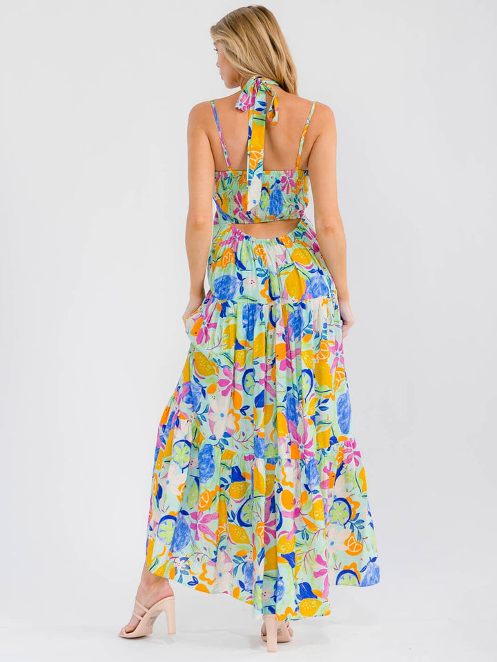 WOMEN'S SLEEVELESS OPEN BACK SMOCK TIERED FLORAL MAXI DRESS