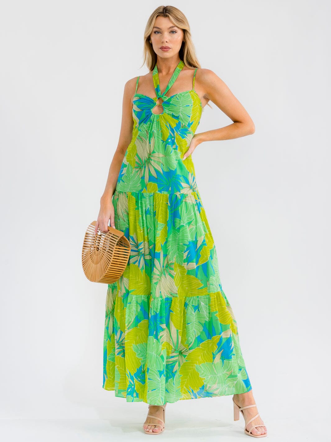 WOMEN'S SLEEVELESS OPEN BACK SMOCK TIERED LEAF PRINT MAXI DRESS