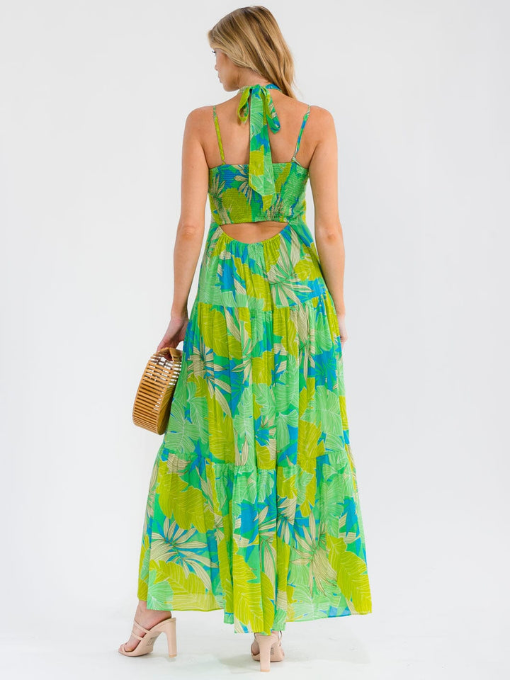 WOMEN'S SLEEVELESS OPEN BACK SMOCK TIERED LEAF PRINT MAXI DRESS
