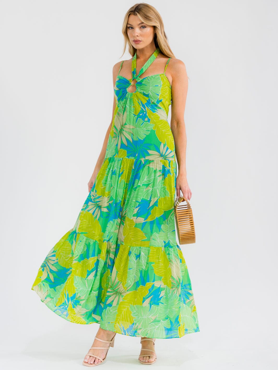 WOMEN'S SLEEVELESS OPEN BACK SMOCK TIERED LEAF PRINT MAXI DRESS