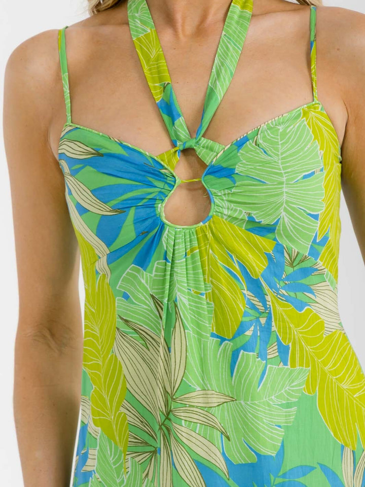 WOMEN'S SLEEVELESS OPEN BACK SMOCK TIERED LEAF PRINT MAXI DRESS